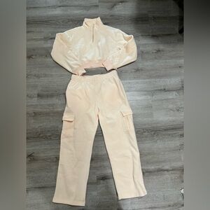 Cream Women's Cargo Pants & Cropped quarter zip Sweatshirt Set